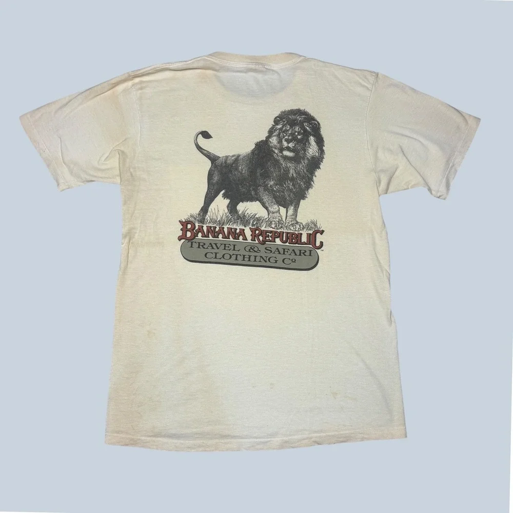 Vintage Banana Republic Travel Safari Lion Pocket T-Shirt Mens Large Cream USA